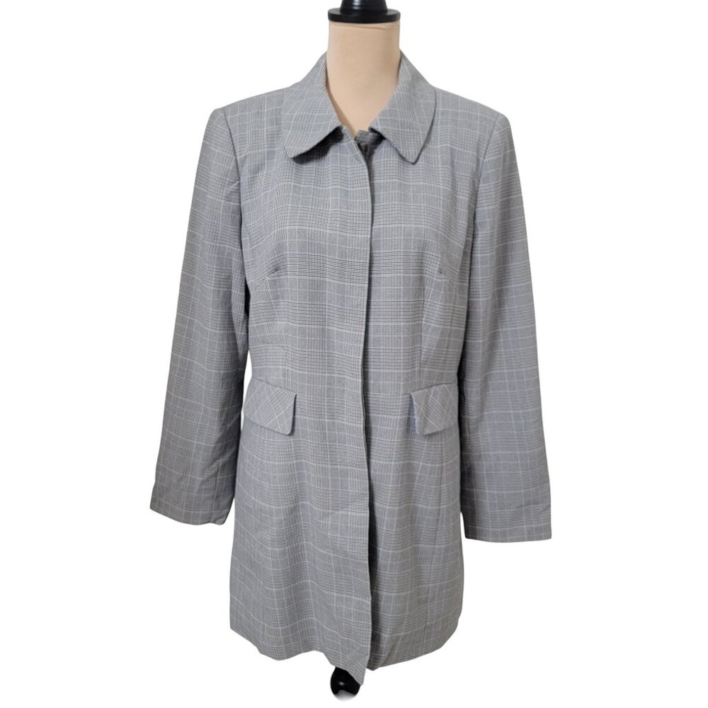 Worthington Vintage Size 12 Gray, Light Blue, Black and White Plaid Long Blazer